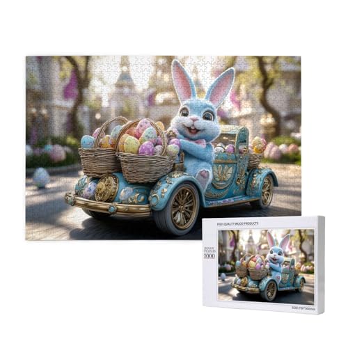 Puzzle 1000 Teile Kinder, Blauer Osterhase Reitet Auf Einem Auto Und Zieht Ostereier Puzzel, Klassisches Puzzles Mit Tieren, Geschenke Für Puzzle-Liebhaber von MocArt