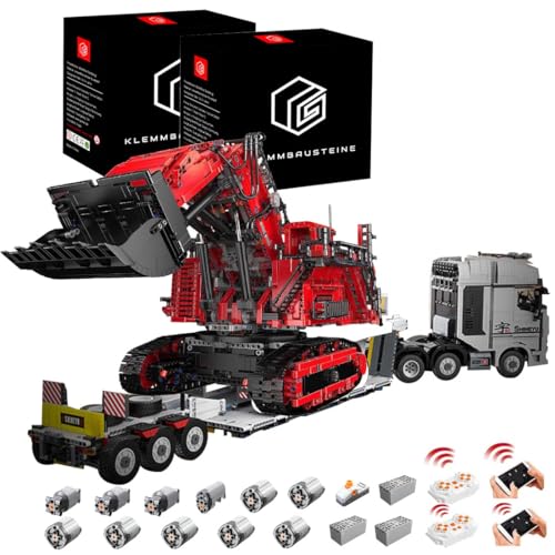 MocSpaß Technik LKW mit Tieflader, 9200+ Teile Technik LKW mit Anhänger und Bagger mit 11 M0T0R Bausatz, Technik Truck Bausatz MOC KIemmbausteine Set für Kinder Erwachsene (Type-B) von MocSpaß