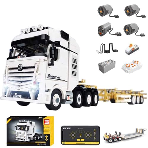 Technik Zugmachine mit Trailer für Mercedes LKW, Technik LKW mit Anhänger mit 4 M0T0REN Technik Truck Bausatz MOC Lastkraftwagen mit Tieflader KIemmbausteine, GC-006 von MocSpaß