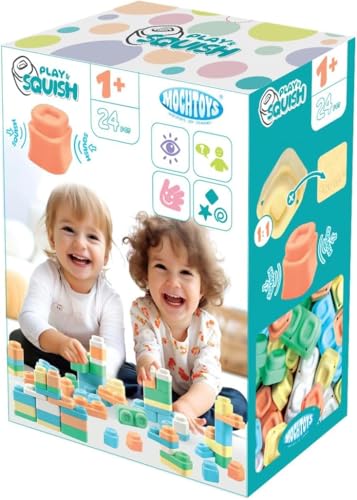 Mochtoys Bausteine für Kinder - 24 Bunte Blöcken, Schöne Pastellfarben, Entwickelt Motorische und Sensorische Fähigkeiten, Kompatibel mit der Play&Squish-Serie, Bauspielzeug Für Kleinkinder ab 1 Jahr von Mochtoys