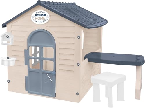 Mochtoys Spielhaus für Kinder - Kinderspielhaus für Drinnen und Draußen, Gartenspielhaus mit angebautem Tisch und Hocker, 175x120x120,5 cm von Mochtoys