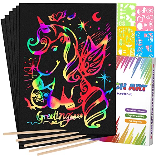 Mocoosy 60Pcs Scratch Art Paper für Kinder - Rainbow Magic Scratch off Papierkunst und Bastelset Scratch Note Schwarze Doodle Pads mit 4 Schablonen 5 Holzstift für Party Favor Aktivitäten Geschenk von Mocoosy