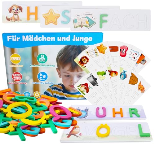 Mocraft Holz Montessori Spielzeug ab 3-8 Jahre, Buchstaben Lernen Lernspiele ab 3-8 Jahre mit 25 Doppelseitig Bedruckten Wortkarten Junge Mädchen Einschulung Geschenk von Mocraft