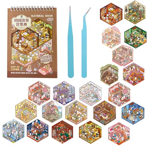 Mocrop 20 Sätze 3D Sticker Scene Book, Kinder DIY House Sticker Set, Verschiedene Szenarien wie Cafés, Spielhallen, Partysäle, Tierhandlungen, Mit 2 Pinzetten, Sticker Therapy, Geschenke Für Kinder von Mocrop