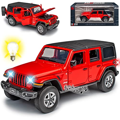 Model Car Jeep Wrangler JT Sahara Unlimited Rot 5 Türer Ab 2019 mit Licht und Sound 1/32 Tayumo Modell Auto mit individiuellem Wunschkennzeichen von Model Car