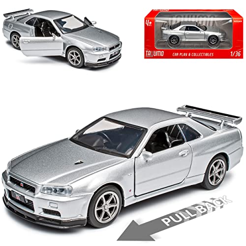 Nisan Skyline R34 GT-R V-Spec II Coupe Silber 1998-2002 1/36 Tayumo Modell Auto mit oder ohne individiuellem Wunschkennzeichen von Model Car