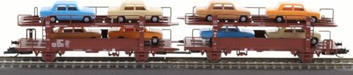 Tillig 18592 TT Autotransportwagen-Einheit Laaek 4357 mit 8 PKW Lada 1200, DR, Ep.IV von Modellbahnshop Korn