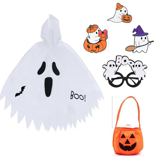 Moerstar Gespenst Kostüm Kinder, Halloween im Dunkeln Leuchtendes Geister Weiß Umhang mit Kapuzen Set mit Kürbistasche Geisterabzeichen Brille, Halloween Kostüm Geist Kinder (M) von Moerstar