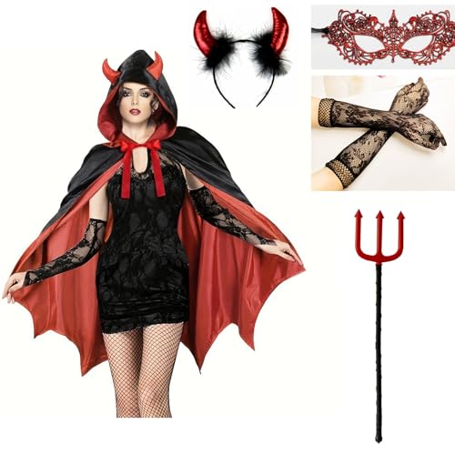 Moerstar Halloween 5 Stück Teufel Kostüm Kapuzen Vampir Umhang Damen Kostüm Set mit Teufelsgabel Teufelshörner Spitzen Augenmaske für Halloween Karneval Party Moerstar Halloween 5 Stück Teufel Kostüm Kapuzen Vampir Umhang Damen Kostüm Set mit Teufelsgabel Teufelshörner Spitzen Augenmaske für Halloween Karneval Party von Moerstar