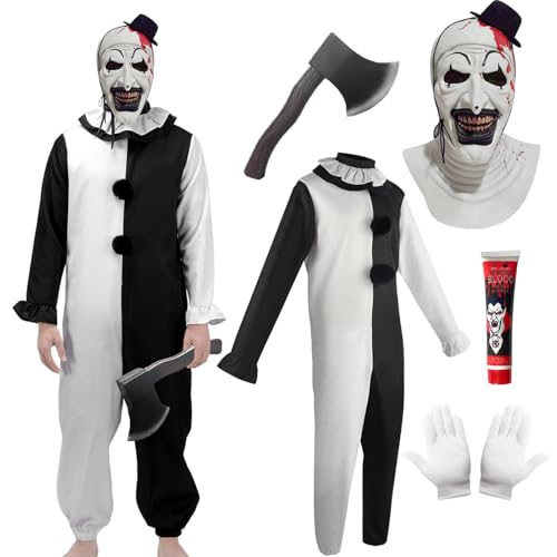 Moerstar Halloween Clown Kostüm, Gruseliges Clown Kostüm Set mit Overall Maske Axt Kunstblut, Cosplay Kostüm Dress Up für Halloween Karneval (Stil 2, M) von Moerstar