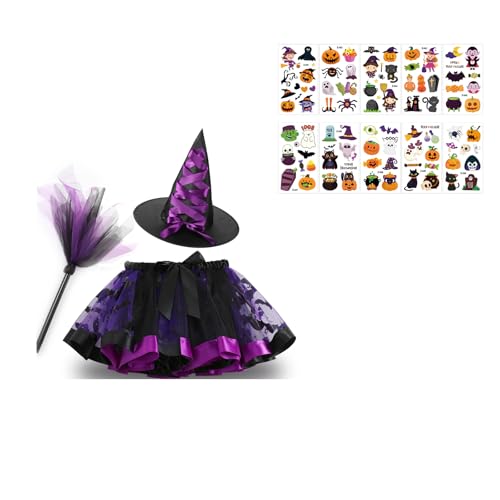 Moerstar Halloween Hexenkostüm Kinder Mädchen, Hexenkleid Kostüm Tüllrock Hexenbesen Hexenhut Aufkleber, Kostüm Kinder Hexe Mädchen für Halloween Karneval Party (Stil 1, M) von Moerstar