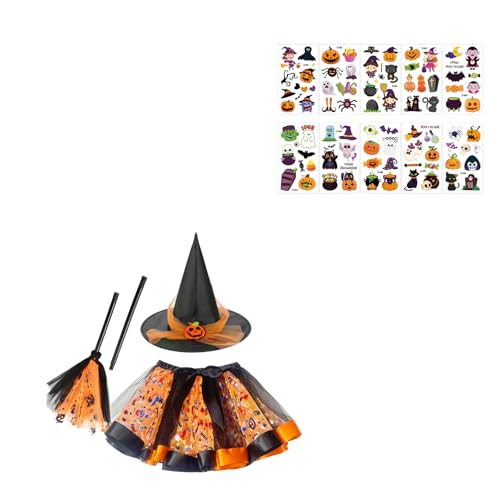 Moerstar Halloween Hexenkostüm Kinder Mädchen, Hexenkleid Kostüm Tüllrock Hexenbesen Hexenhut Aufkleber, Kostüm Kinder Hexe Mädchen für Halloween Karneval Party (Stil 2, S) von Moerstar