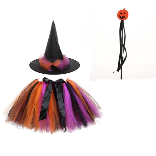 Moerstar Halloween Hexenkostüm Set Kinder, Kostüm Hexe Tütü Rock Bunt Kinder Mädchen mit Hexenhut Zauberstab für Halloween Karneval (Stil 1) von Moerstar