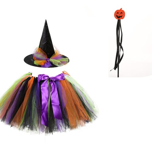Moerstar Halloween Hexenkostüm Set Kinder, Kostüm Hexe Tütü Rock Bunt Kinder Mädchen mit Hexenhut Zauberstab für Halloween Karneval (Stil 2) von Moerstar