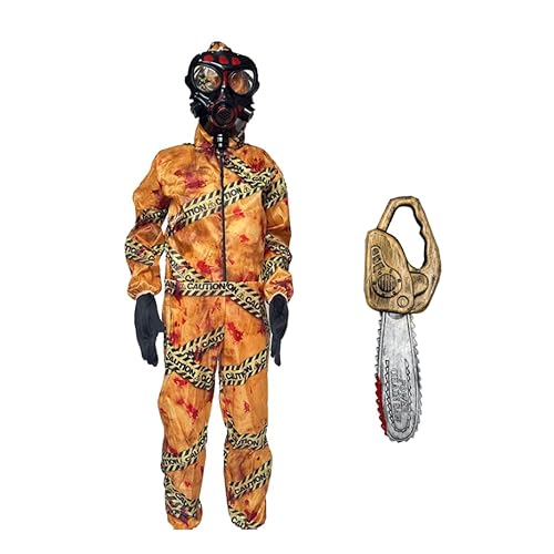 Moerstar Halloween Kinder Gelb Gefahrgut-Anzug, blutiger Overall mit Kapuze, Set mit Handschuhen, Maske, Kettensägen-Requisiten, Kinder, Halloween, Verkleidung, Cosplay-Kostüm (L) von Moerstar