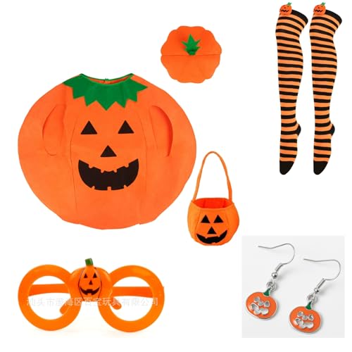 Moerstar Halloween Kostüm Kürbis Erwachsene, 6 Pcs Kürbis Kostüm Damen mit Kürbishut Bonbontüte Kürbisohrringe Ringelsocken Kürbisbrille für Halloween Karneval Cosplay von Moerstar