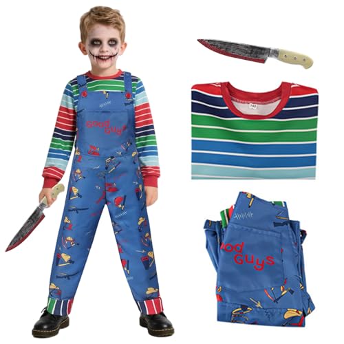 Moerstar Halloween-Kostüme für Kinder, blauer Horror-Puppen-Overall-Set mit gestreiftem Oberteil, Latzhose, gefälschtes Messer, Cosplay-Kostüm, Verkleiden für Halloween, Karneval, Party (130) von Moerstar