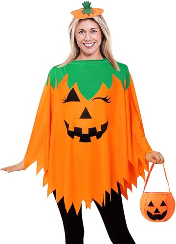Moerstar Halloween Kürbis Kostüm Erwachsene Orange Kürbis Umhang Damen mit Kürbis Hut Süßigkeiten Tüte für Halloween Karneval Party (Stil 1) von Moerstar