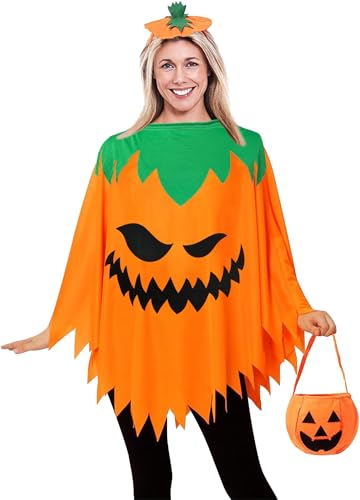 Moerstar Halloween Kürbis Kostüm Erwachsene Orange Kürbis Umhang Damen mit Kürbis Hut Süßigkeiten Tüte für Halloween Karneval Party (Stil 2) von Moerstar