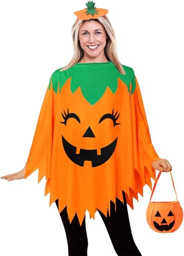 Moerstar Halloween Kürbis Kostüm Erwachsene Orange Kürbis Umhang Damen mit Kürbis Hut Süßigkeiten Tüte für Halloween Karneval Party (Stil 3) von Moerstar
