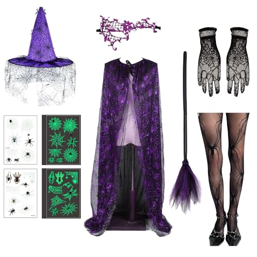 Moerstar Halloween Lila Hexen Kostüm Erwachsene Damen, Lila Spinnennetz Hexen Umhang mit Kapuze Hexenhut und Accessoires für Halloween Karneval Party Moerstar Halloween Lila Hexen Kostüm Erwachsene Damen, Lila Spinnennetz Hexen Umhang mit Kapuze Hexenhut und Accessoires für Halloween Karneval Party von Moerstar