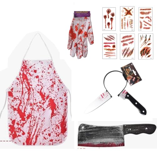 Moerstar Halloween Metzger Kostüm, Schlachter Kostüm Blutige Schürze Set mit Messer im Kopf Blutiges Handschuhe Messer Tattoo Aufkleber für Halloween Karneval Kostüm Party Moerstar Halloween Metzger Kostüm, Schlachter Kostüm Blutige Schürze Set mit Messer im Kopf Blutiges Handschuhe Messer Tattoo Aufkleber für Halloween Karneval Kostüm Party von Moerstar