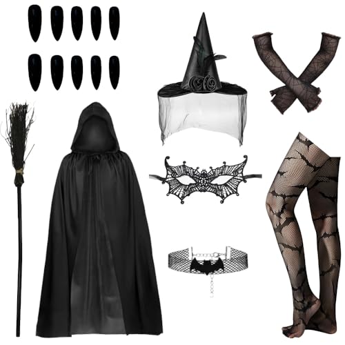 Moerstar Halloween Schwarze Hexenkostüm Damen, 17 Stück Deluxe Hexen Schwarzer Umhang mit Kapuze Set mit Hexenhut Zubehör Für Halloween Karneval Kostüme Party Moerstar Halloween Schwarze Hexenkostüm Damen, 17 Stück Deluxe Hexen Schwarzer Umhang mit Kapuze Set mit Hexenhut Zubehör Für Halloween Karneval Kostüme Party von Moerstar