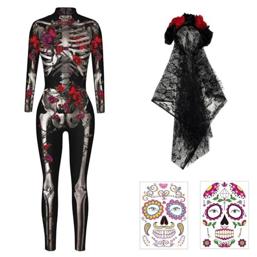 Moerstar Halloween Skelett Kostüm Damen, Rosen Skull Skelett Jumpsuit Bodysuit mit Rose Blume Schleier Haarreif Gesicht Tattoos für Halloween Karneval Party (S) von Moerstar