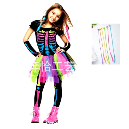 Moerstar Halloween Skelett Kostüm Kinder Mädchen Skelett Kleid mit Bunte Perücken für Kinder Mädchen Halloween Karneval Cosplay Kostüm (L) von Moerstar