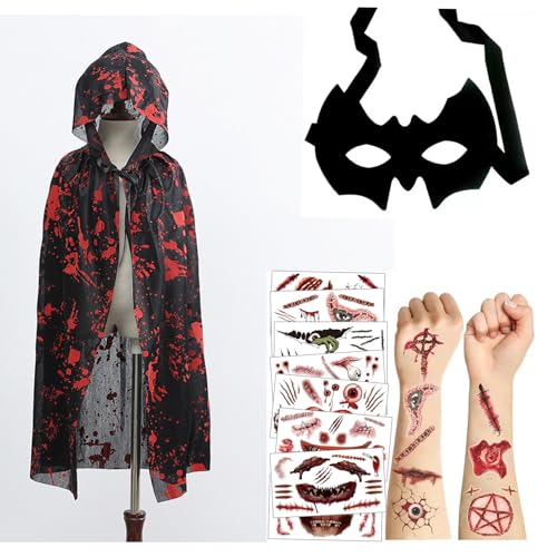 Moerstar Halloween Umhang mit Kapuze Kinder, Vampir Blutiger Umhang Kinder Set mit Augenklappen Tattoo Aufkleber für Halloween Karneval Party Moerstar Halloween Umhang mit Kapuze Kinder, Vampir Blutiger Umhang Kinder Set mit Augenklappen Tattoo Aufkleber für Halloween Karneval Party von Moerstar