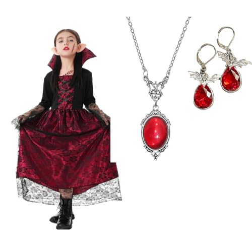 Moerstar Halloween Vampir Kostüm Kinder Mädchen, Kostüm Vampir Mädchen Set mit Halskette Ohrringe, Halloween Dress Up Cosplay Kinder (L) von Moerstar