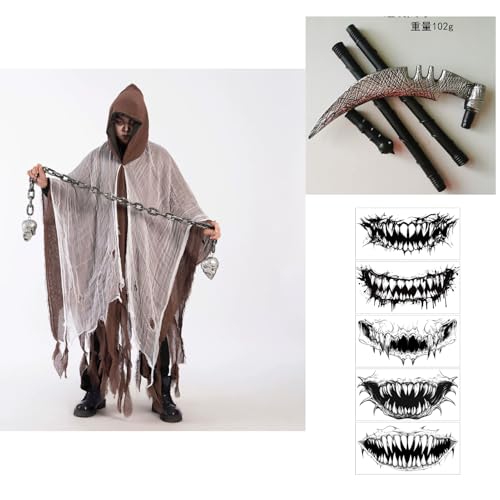 Moerstar Halloween Zerfetzter Umhang mit Kapuze, Gruselige Geister Kostüme Herren Set mit Sense Tattoo Aufkleber, Halloween Kostüm Herren Damen (Braun) von Moerstar