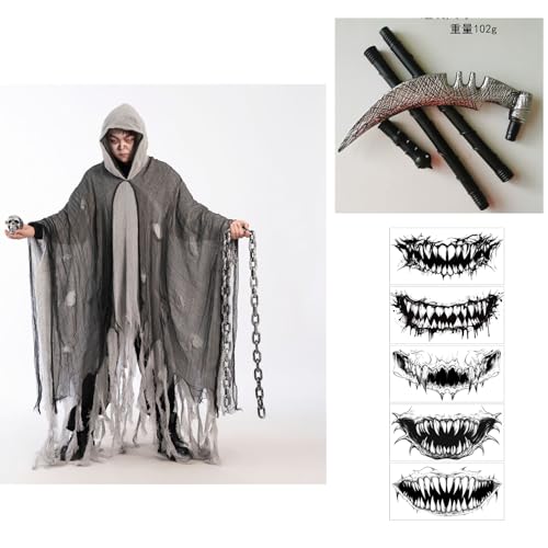 Moerstar Halloween Zerfetzter Umhang mit Kapuze, Gruselige Geister Kostüme Herren Set mit Sense Tattoo Aufkleber, Halloween Kostüm Herren Damen (Grau) von Moerstar