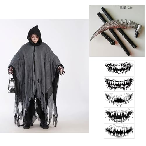Moerstar Halloween Zerfetzter Umhang mit Kapuze, Gruselige Geister Kostüme Herren Set mit Sense Tattoo Aufkleber, Halloween Kostüm Herren Damen (Schwarz) von Moerstar