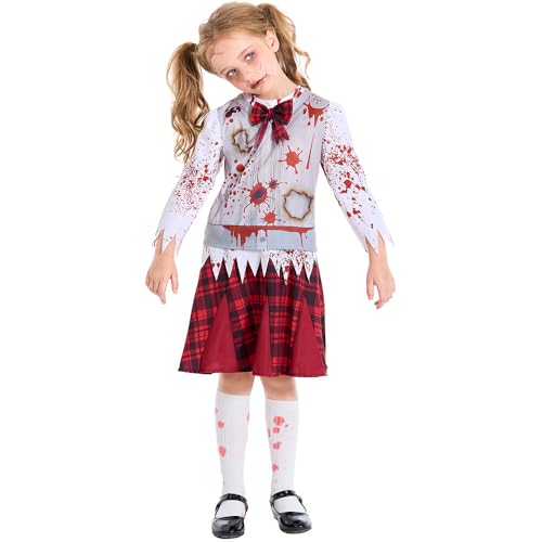 Moerstar Halloween Zombie Kostüm Kinder Mädchen, Gruselige Zombie Schulen Cheerleader Kostüm Set mit Halskette Socken für Halloween Karneval Party (L) von Moerstar