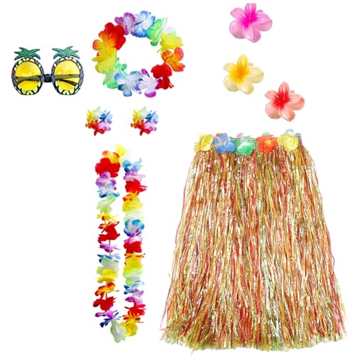 Moerstar Hawaii Kostüm Damen, Bastrock Hawaii Damen Set mit Hawaii Blumen Kette Stirnband Armbänder Haarblume Ananas Brille, Kostüm für Strandparty-Zubehör (Farbe) von Moerstar