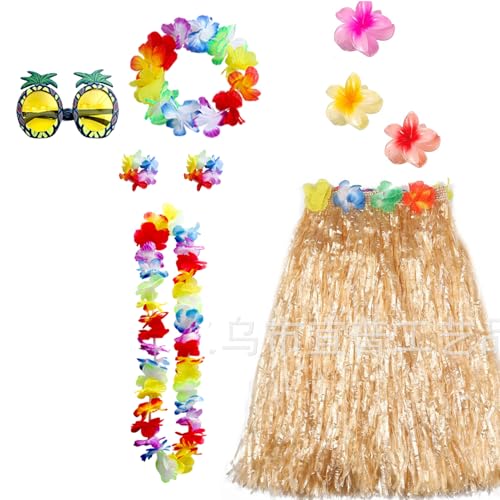 Moerstar Hawaii Kostüm Damen, Bastrock Hawaii Damen Set mit Hawaii Blumen Kette Stirnband Armbänder Haarblume Ananas Brille, Kostüm für Strandparty-Zubehör (Strohfarbe) von Moerstar