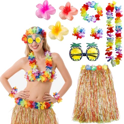 Moerstar Hawaiianischer Grasrock, hawaiianischer Hula-Rock mit Girlande, Blumen-Stirnband, Halskette, Armband, Haarspangen, Ananas-Brille, Verkleidung für Strandparty-Zubehör (bunt) von Moerstar