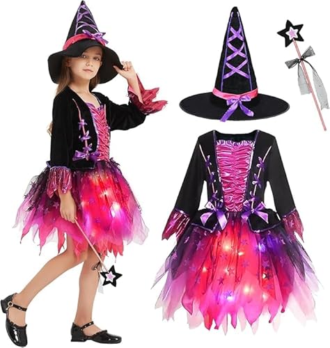 Moerstar Hexen Kostüm Mädchen, Halloween Hexenkostüm Hexenkleid Kinder Mädchen mit Hexenhut Zauberstab, Halloween Kostüm Kinder Karneval Party (M) von Moerstar