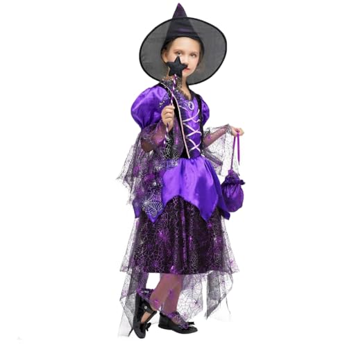 Moerstar Hexenkostüm Kinder Mädchen, Halloween Lila Spinnennetz Hexenkleid Kostüm Mädchen mit Hexenhut Zauberstab Zaubertasche für Halloween Karneval Party (L) von Moerstar