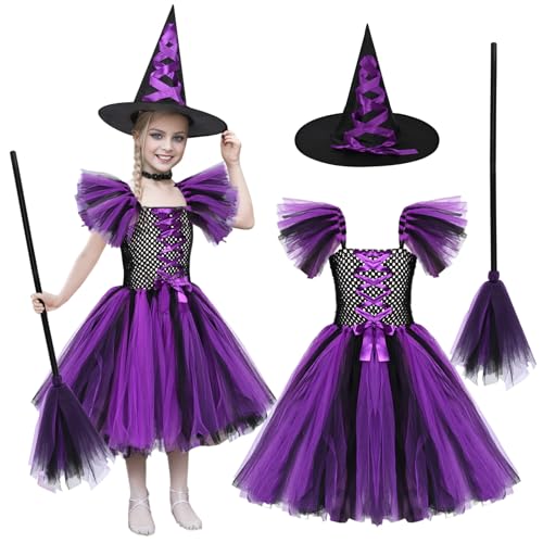 Moerstar Hexenkostüm Mädchen, Halloween HexenKleid Set für Kinder mit Hexenhut und Hexenbesen, Halloween Cosplay Kostüm für Karneval Halloween (100) von Moerstar