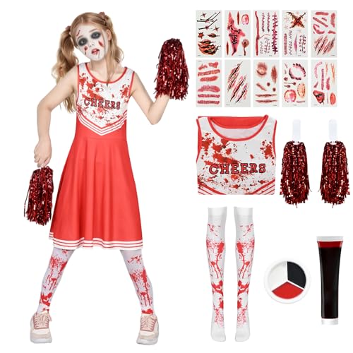 Moerstar Horror Zombie Cheerleader Kostüm Kinder, Halloween Kostüm Zombie Mädchen mit Pompons Socken Kunstblut Gesichtsbemalung Tattoo für Halloween Karneval Party Cosplay (Rot, M) von Moerstar