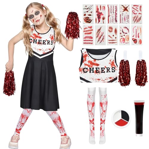 Moerstar Horror Zombie Cheerleader Kostüm Kinder, Halloween Kostüm Zombie Mädchen mit Pompons Socken Kunstblut Gesichtsbemalung Tattoo für Halloween Karneval Party Cosplay (Schwarz, L) von Moerstar