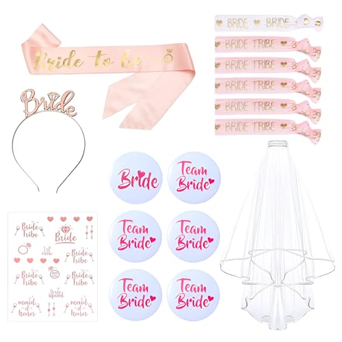Moerstar JGA Deko Frauen Set, Bride to Be Schärpe Set mit Schleier Bride Armband Tattoos Abzeichen und Haarschmuck, Junggesellenabschied Frauen JGA Accessoires Moerstar JGA Deko Frauen Set, Bride to Be Schärpe Set mit Schleier Bride Armband Tattoos Abzeichen und Haarschmuck, Junggesellenabschied Frauen JGA Accessoires von Moerstar
