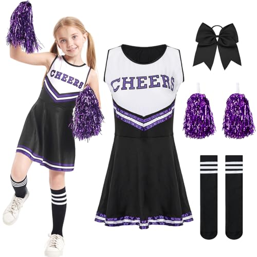 Moerstar Karneval Cheerleader Kleid Mädchen, Set Cheerleader Mädchen mit Bommel Cheerleader und Haarklammern mit Schleife, Karnevalskleid für Mädchen (Schwarz, 110) von Moerstar