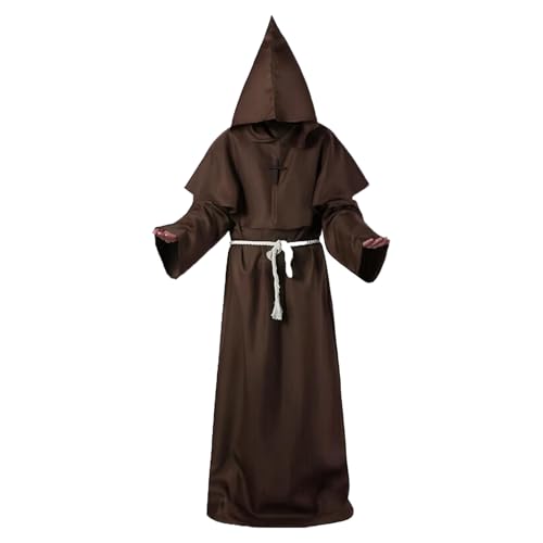 Moerstar Mönch Kostüm Erwachsene, Halloween Mönch Robe Set mit Umhang Hut Kreuz Halskette Hanfseil Gürtel Kreuz Perlenkette Mittelalter Kostüm Verkleidung für Halloween Karneval (Braun, M) von Moerstar
