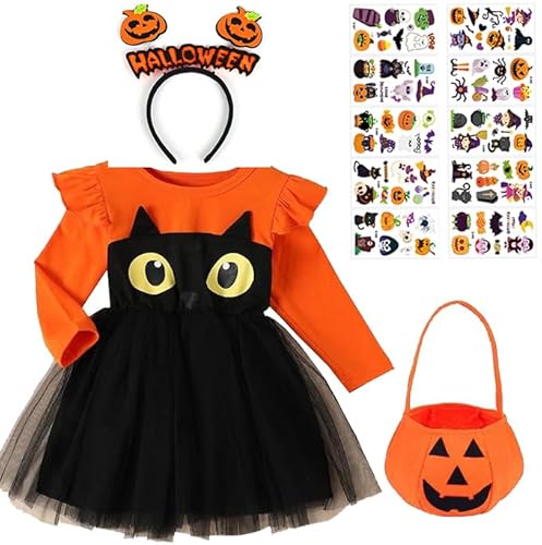 Moerstar Orange Halloween Kleid Mädchen, Katzenkleid Tüllrock Kinder Mit Kürbistasche Aufkleber Stirnbänder, Langarm Kürbis Kostüm Kinder Für Halloween Karneval (100) von Moerstar