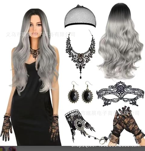 Moerstar Perücke Halloween Damen, Perücke Ombre Schwarz Grau Lang mit Gotisch Halskette Armbänder Ohrring Handschuhe Spitze Maske für Halloween Karneval Cosplay Party Moerstar Perücke Halloween Damen, Perücke Ombre Schwarz Grau Lang mit Gotisch Halskette Armbänder Ohrring Handschuhe Spitze Maske für Halloween Karneval Cosplay Party von Moerstar