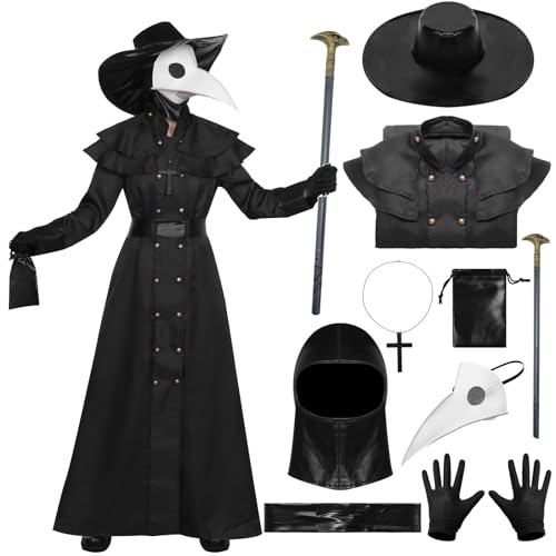 Moerstar Pestdoktor Kostüm, Pestarzt Kostüm Set mit Maske Zepter Hut Handschuhe Kreuz-Halskette Gürtel Tasche, Mittelalter Steampunk Windvogelkostüm für Halloween Karneval (L) von Moerstar