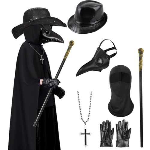 Moerstar Pestdoktor Kostüm Kinder, Pestarzt Kostüm Set mit Maske Zepter Hut Handschuhe Kreuz-Halskette, Halloween Costume Cosplay für Halloween Karneval (150) von Moerstar